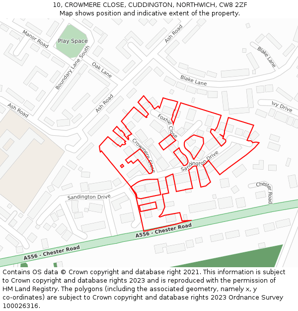 10, CROWMERE CLOSE, CUDDINGTON, NORTHWICH, CW8 2ZF: Location map and indicative extent of plot