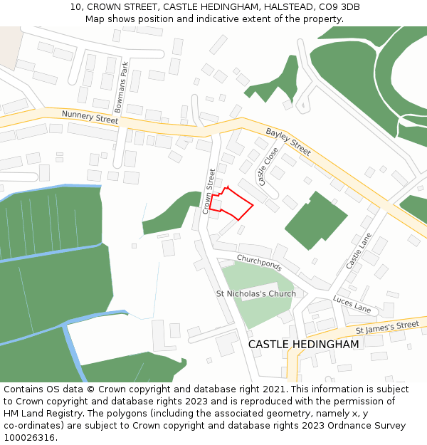 10, CROWN STREET, CASTLE HEDINGHAM, HALSTEAD, CO9 3DB: Location map and indicative extent of plot