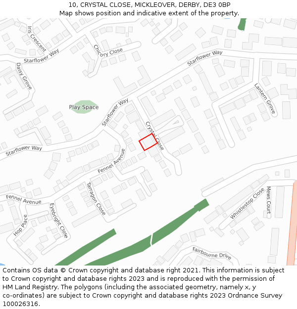 10, CRYSTAL CLOSE, MICKLEOVER, DERBY, DE3 0BP: Location map and indicative extent of plot