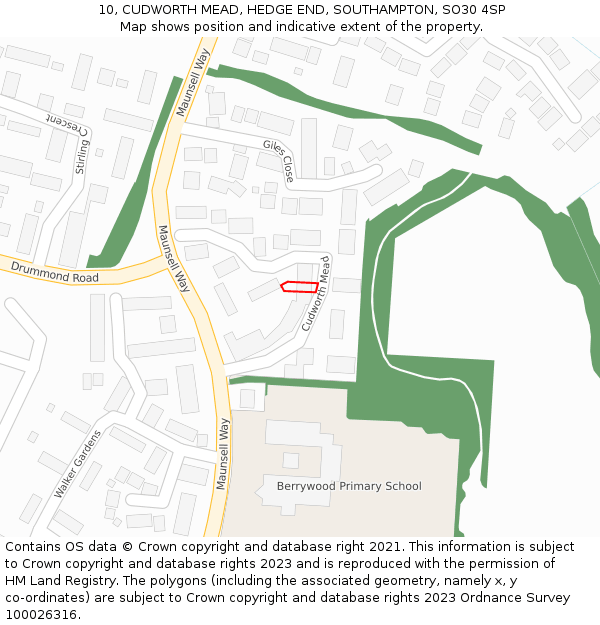 10, CUDWORTH MEAD, HEDGE END, SOUTHAMPTON, SO30 4SP: Location map and indicative extent of plot