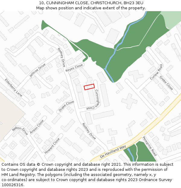 10, CUNNINGHAM CLOSE, CHRISTCHURCH, BH23 3EU: Location map and indicative extent of plot