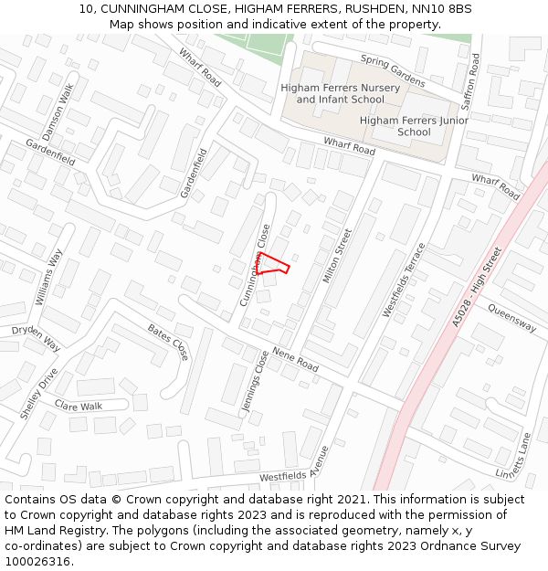 10, CUNNINGHAM CLOSE, HIGHAM FERRERS, RUSHDEN, NN10 8BS: Location map and indicative extent of plot