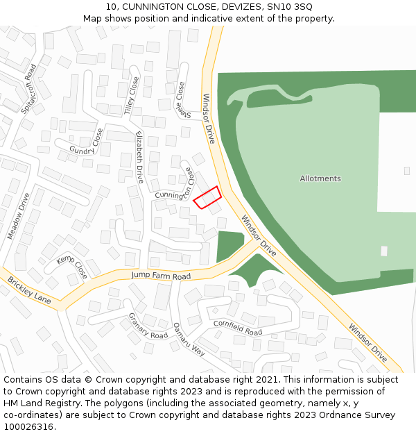 10, CUNNINGTON CLOSE, DEVIZES, SN10 3SQ: Location map and indicative extent of plot