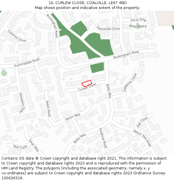 10, CURLEW CLOSE, COALVILLE, LE67 4BD: Location map and indicative extent of plot