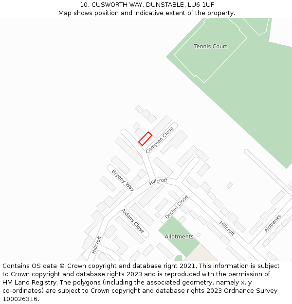 10, CUSWORTH WAY, DUNSTABLE, LU6 1UF: Location map and indicative extent of plot