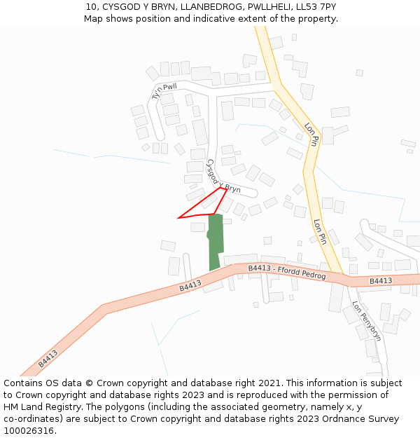 10, CYSGOD Y BRYN, LLANBEDROG, PWLLHELI, LL53 7PY: Location map and indicative extent of plot