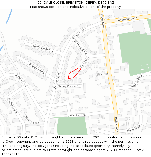 10, DALE CLOSE, BREASTON, DERBY, DE72 3AZ: Location map and indicative extent of plot