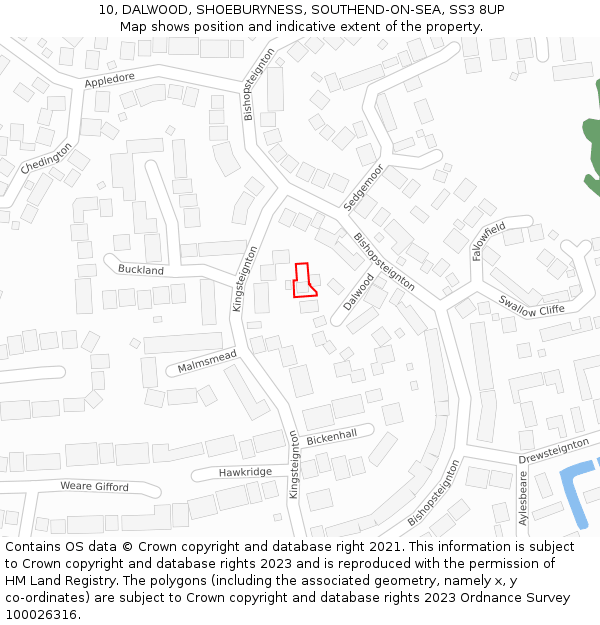 10, DALWOOD, SHOEBURYNESS, SOUTHEND-ON-SEA, SS3 8UP: Location map and indicative extent of plot