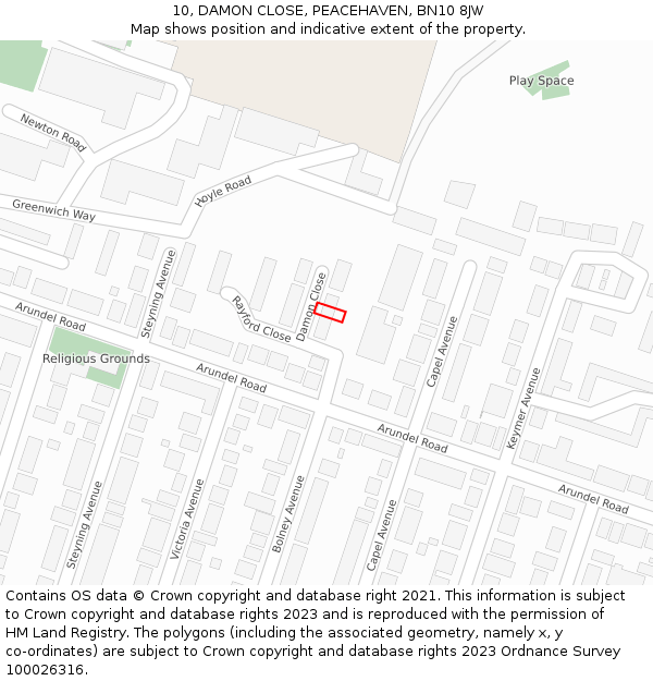 10, DAMON CLOSE, PEACEHAVEN, BN10 8JW: Location map and indicative extent of plot