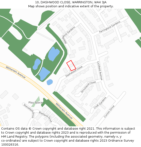 10, DASHWOOD CLOSE, WARRINGTON, WA4 3JA: Location map and indicative extent of plot