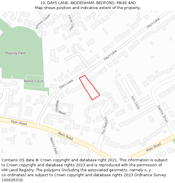 10, DAYS LANE, BIDDENHAM, BEDFORD, MK40 4AD: Location map and indicative extent of plot