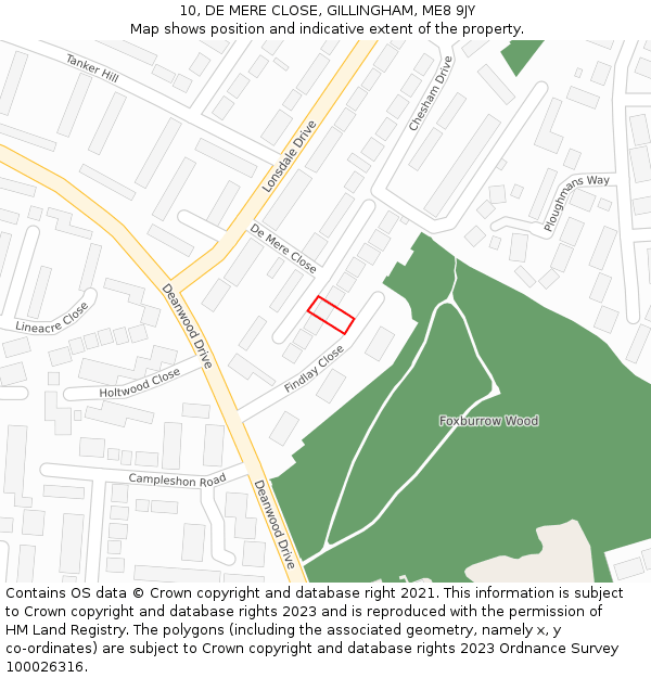 10, DE MERE CLOSE, GILLINGHAM, ME8 9JY: Location map and indicative extent of plot