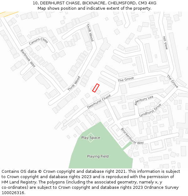 10, DEERHURST CHASE, BICKNACRE, CHELMSFORD, CM3 4XG: Location map and indicative extent of plot