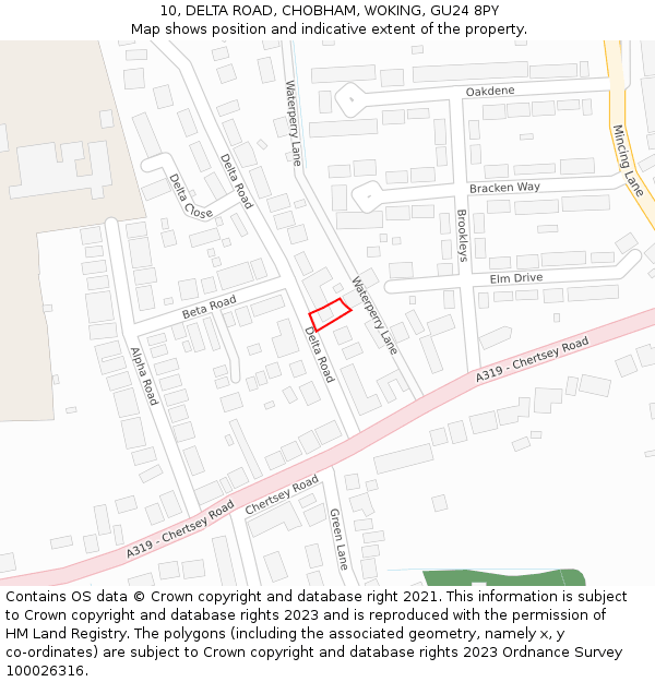 10, DELTA ROAD, CHOBHAM, WOKING, GU24 8PY: Location map and indicative extent of plot