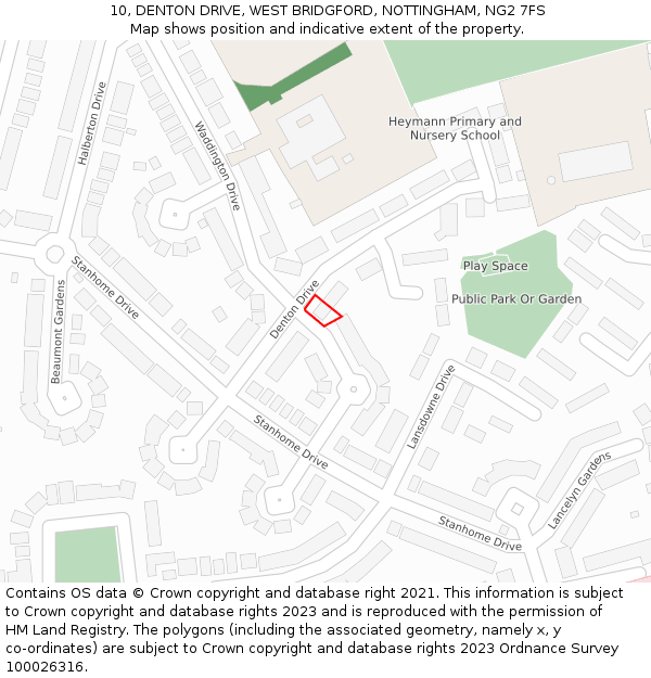 10, DENTON DRIVE, WEST BRIDGFORD, NOTTINGHAM, NG2 7FS: Location map and indicative extent of plot