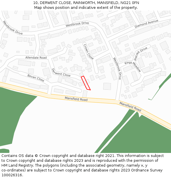 10, DERWENT CLOSE, RAINWORTH, MANSFIELD, NG21 0FN: Location map and indicative extent of plot