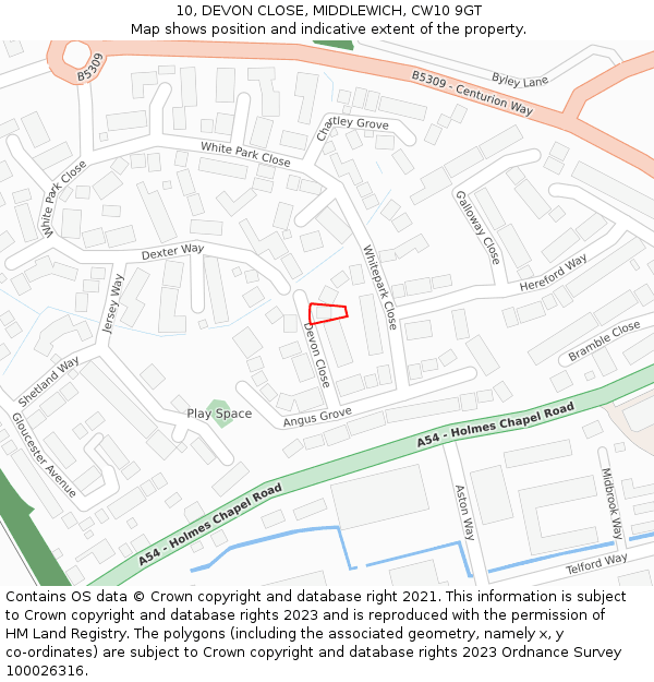 10, DEVON CLOSE, MIDDLEWICH, CW10 9GT: Location map and indicative extent of plot