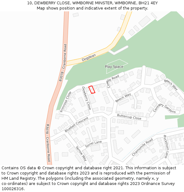 10, DEWBERRY CLOSE, WIMBORNE MINSTER, WIMBORNE, BH21 4EY: Location map and indicative extent of plot