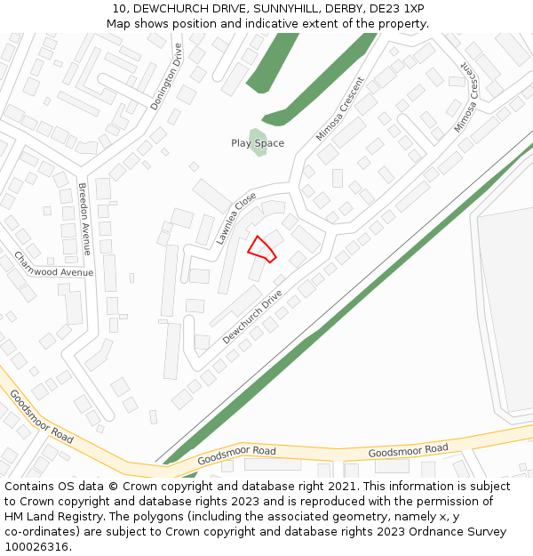 10, DEWCHURCH DRIVE, SUNNYHILL, DERBY, DE23 1XP: Location map and indicative extent of plot