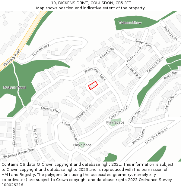 10, DICKENS DRIVE, COULSDON, CR5 3FT: Location map and indicative extent of plot