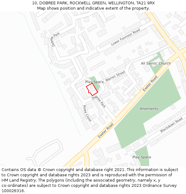 10, DOBREE PARK, ROCKWELL GREEN, WELLINGTON, TA21 9RX: Location map and indicative extent of plot