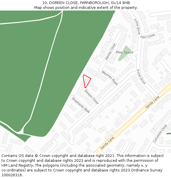 10, DOREEN CLOSE, FARNBOROUGH, GU14 9HB: Location map and indicative extent of plot