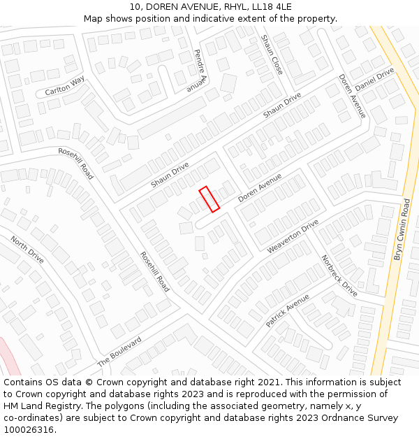 10, DOREN AVENUE, RHYL, LL18 4LE: Location map and indicative extent of plot