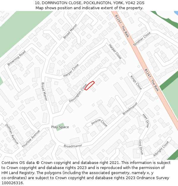 10, DORRINGTON CLOSE, POCKLINGTON, YORK, YO42 2GS: Location map and indicative extent of plot