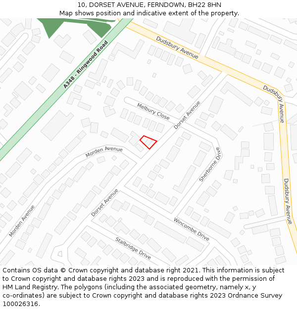 10, DORSET AVENUE, FERNDOWN, BH22 8HN: Location map and indicative extent of plot