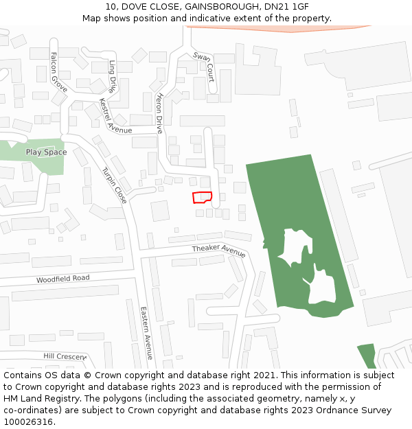 10, DOVE CLOSE, GAINSBOROUGH, DN21 1GF: Location map and indicative extent of plot