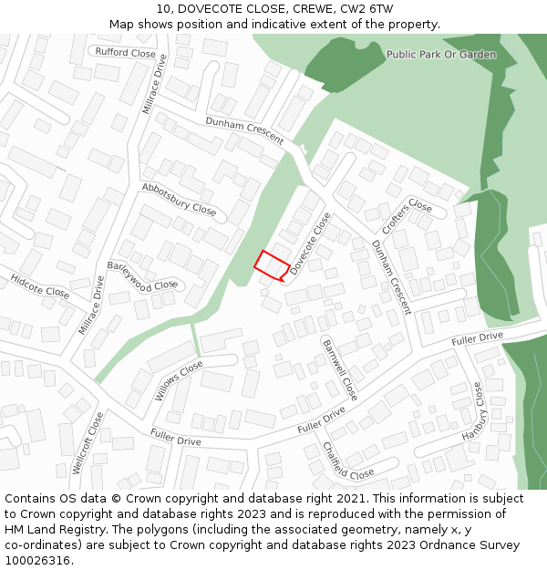 10, DOVECOTE CLOSE, CREWE, CW2 6TW: Location map and indicative extent of plot