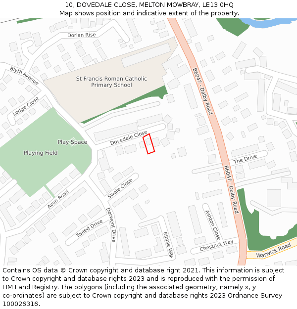 10, DOVEDALE CLOSE, MELTON MOWBRAY, LE13 0HQ: Location map and indicative extent of plot