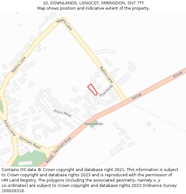 10, DOWNLANDS, LONGCOT, FARINGDON, SN7 7TY: Location map and indicative extent of plot
