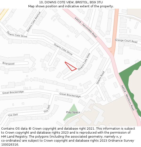 10, DOWNS COTE VIEW, BRISTOL, BS9 3TU: Location map and indicative extent of plot