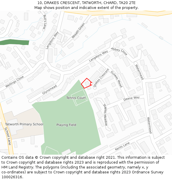 10, DRAKES CRESCENT, TATWORTH, CHARD, TA20 2TE: Location map and indicative extent of plot