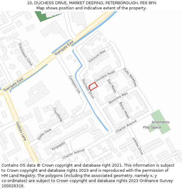 10, DUCHESS DRIVE, MARKET DEEPING, PETERBOROUGH, PE6 8FN: Location map and indicative extent of plot