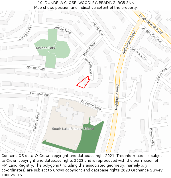 10, DUNDELA CLOSE, WOODLEY, READING, RG5 3NN: Location map and indicative extent of plot