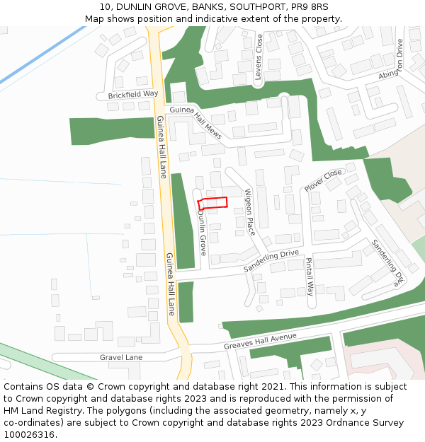 10, DUNLIN GROVE, BANKS, SOUTHPORT, PR9 8RS: Location map and indicative extent of plot