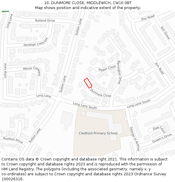 10, DUNMORE CLOSE, MIDDLEWICH, CW10 0BT: Location map and indicative extent of plot