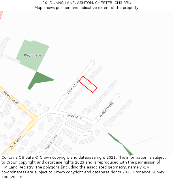 10, DUNNS LANE, ASHTON, CHESTER, CH3 8BU: Location map and indicative extent of plot