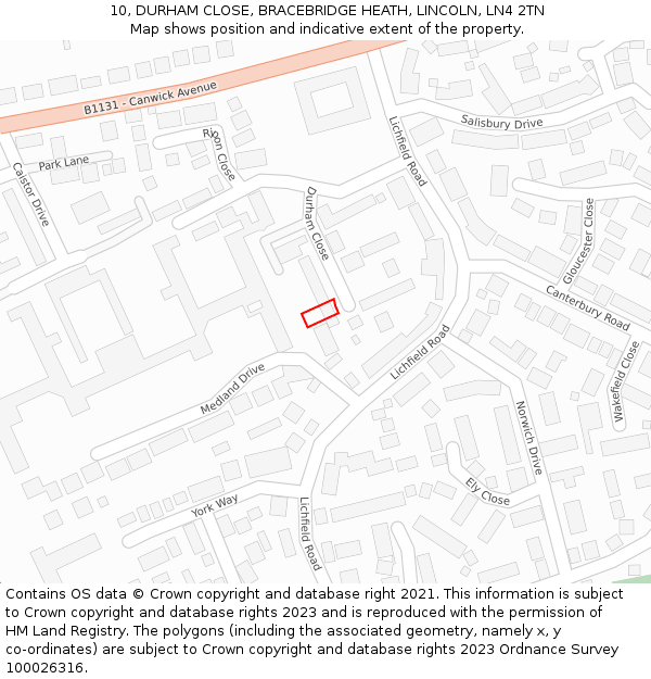 10, DURHAM CLOSE, BRACEBRIDGE HEATH, LINCOLN, LN4 2TN: Location map and indicative extent of plot