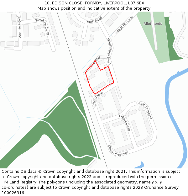 10, EDISON CLOSE, FORMBY, LIVERPOOL, L37 6EX: Location map and indicative extent of plot