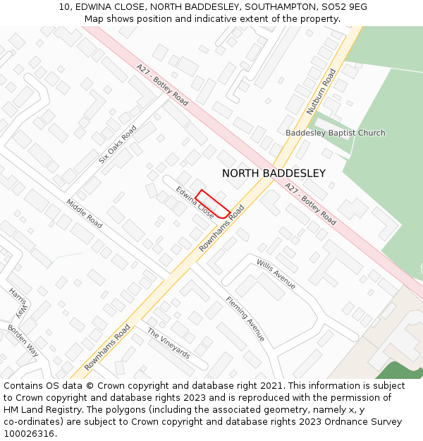 10, EDWINA CLOSE, NORTH BADDESLEY, SOUTHAMPTON, SO52 9EG: Location map and indicative extent of plot