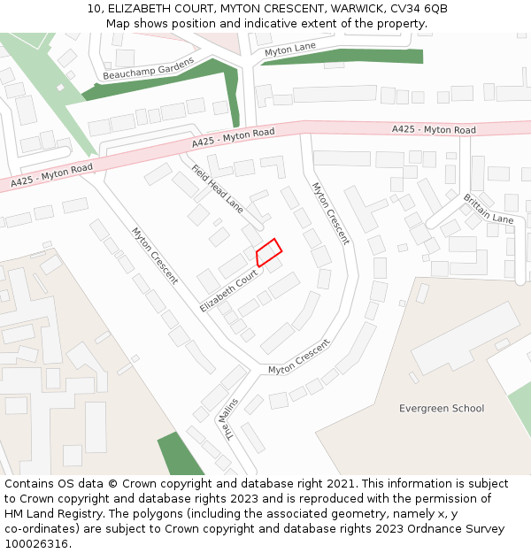 10, ELIZABETH COURT, MYTON CRESCENT, WARWICK, CV34 6QB: Location map and indicative extent of plot