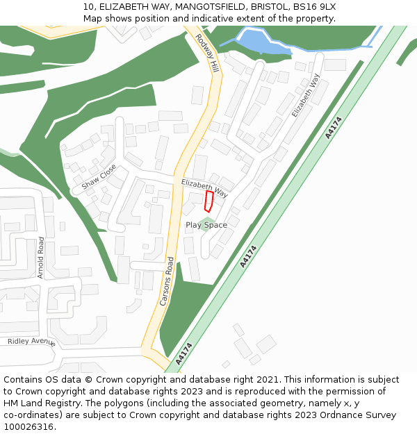 10, ELIZABETH WAY, MANGOTSFIELD, BRISTOL, BS16 9LX: Location map and indicative extent of plot