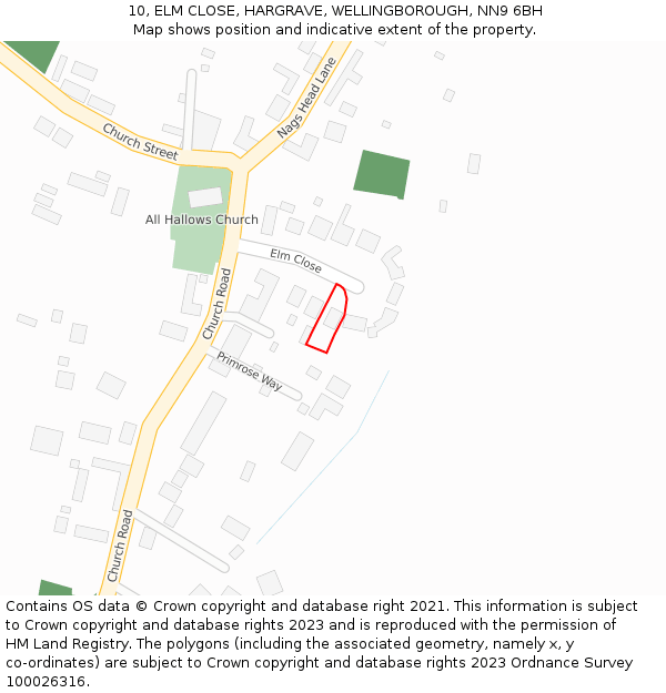 10, ELM CLOSE, HARGRAVE, WELLINGBOROUGH, NN9 6BH: Location map and indicative extent of plot