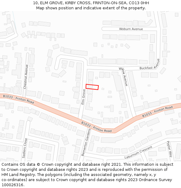 10, ELM GROVE, KIRBY CROSS, FRINTON-ON-SEA, CO13 0HH: Location map and indicative extent of plot