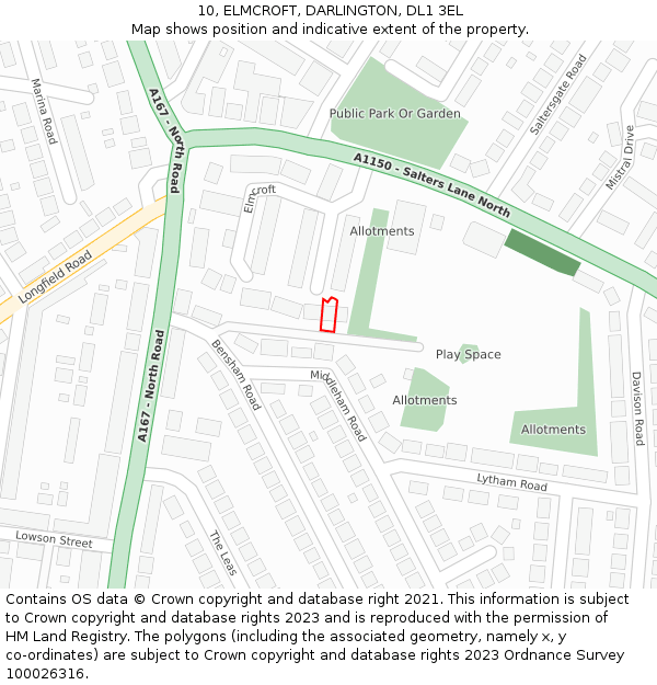 10, ELMCROFT, DARLINGTON, DL1 3EL: Location map and indicative extent of plot