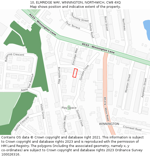 10, ELMRIDGE WAY, WINNINGTON, NORTHWICH, CW8 4XQ: Location map and indicative extent of plot