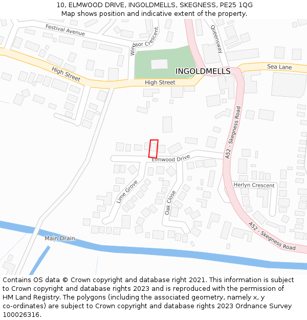 10, ELMWOOD DRIVE, INGOLDMELLS, SKEGNESS, PE25 1QG: Location map and indicative extent of plot